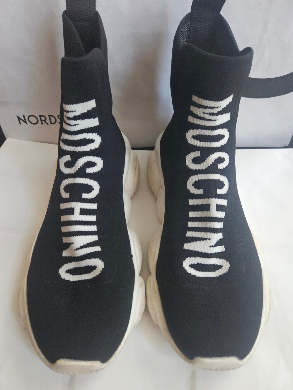 Moschino Women's Black Knit Sock Sneakers with White Logo